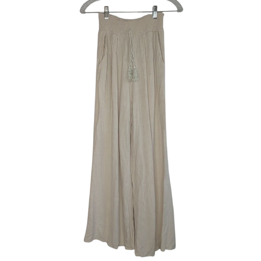 Miou Muse Rayon/Linen Smocked Waist Wide Leg Pants with Pockets, size Small
